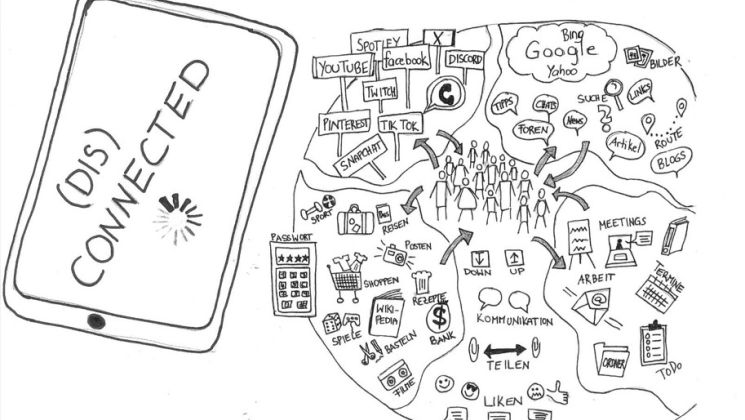 Links ein Smartphone mit dem Text ‚(dis)connected‘, daneben ein Wimmelbild zum Thema Internet – beide ohne sichtbare Verbindung.