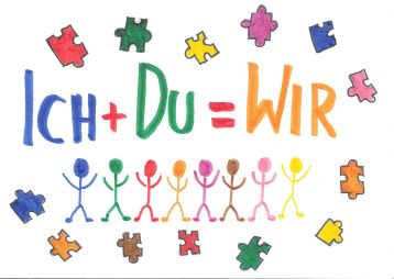 Das Bild zeigt den bunten Schriftzug „ICH   DU = WIR“ mit mehreren farbigen Strichfiguren und Puzzleteilen. Es steht für Gemeinschaft, Vielfalt und Zusammenhalt.