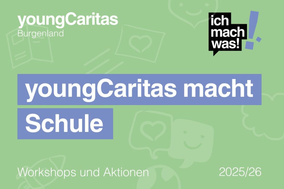 Grafik von youngCaritas Burgenland mit dem Titel "youngCaritas macht Schule" für das Jahr 2025/26.