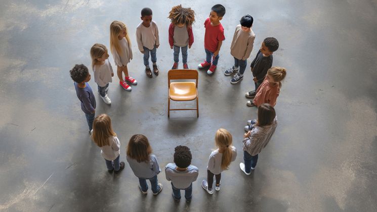 Eine Gruppe von Kindern steht im Kreis um einen Stuhl. Sie schauen auf den Stuhl, während sie in einem großen Raum stehen.