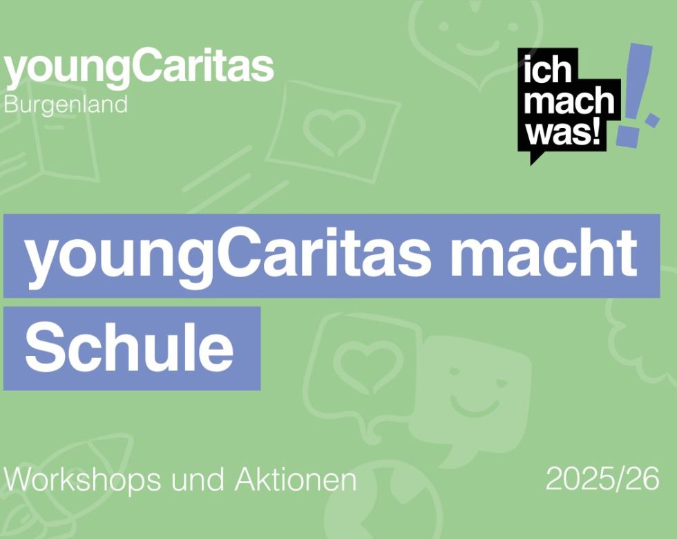 Grafik von youngCaritas Burgenland mit dem Titel "youngCaritas macht Schule" für das Jahr 2025/26.